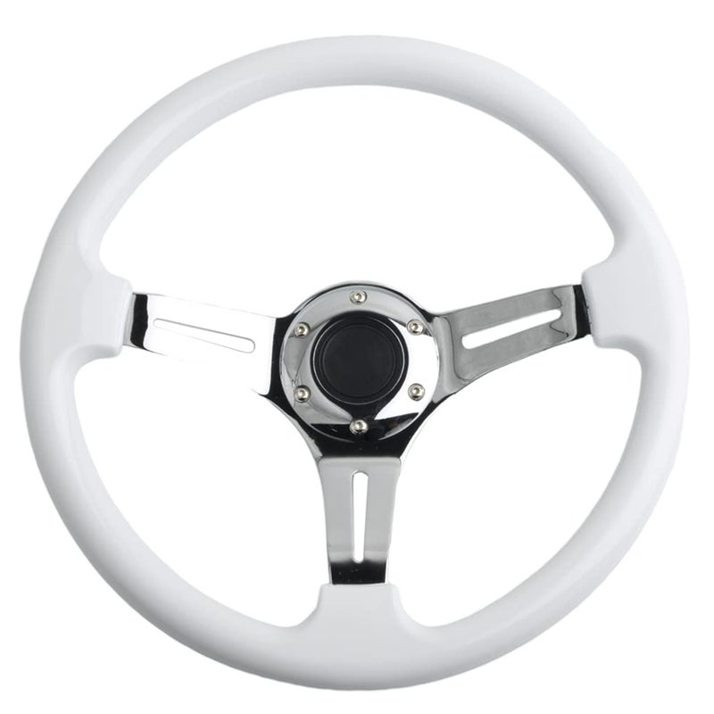 YEHICY Classic White Car Racing Steering Wheel Chrome Silver Spokes 350mm 13.5" Sports Wood Steering Wheel 6 Bolts Deep Dish With Horn Button - Image 2