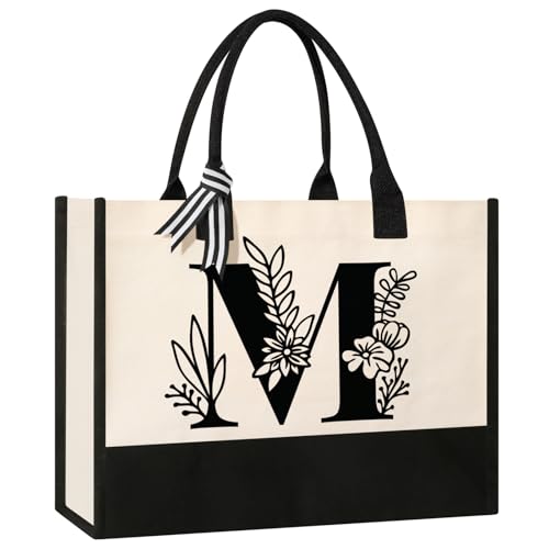 Tecanne Personalized Initial Canvas Tote Bag, Suitable for Birthday, Wedding, Beach, Holiday, Gifts for Women, Mom, Teachers, Nurses, Best Friends, Bridesmaids (M) - Image 1