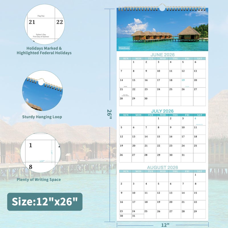 Chambom 2026 Calendar - 3 Month Calendar 2026 Wall Calendar, 14 Months December 2025-January 2027, Vertical 3-Month Display Calendars 2026, 12 Unique Patterns 3 Month Wall Calendars 2026, 12"Ã—26" - Image 3