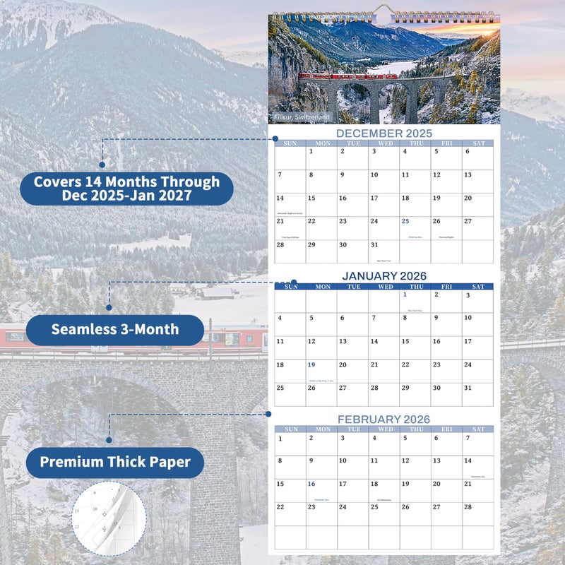 Chambom 2026 Calendar - 3 Month Calendar 2026 Wall Calendar, 14 Months December 2025-January 2027, Vertical 3-Month Display Calendars 2026, 12 Unique Patterns 3 Month Wall Calendars 2026, 12"Ã—26" - Image 4