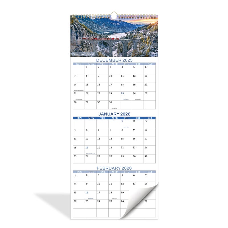 Chambom 2026 Calendar - 3 Month Calendar 2026 Wall Calendar, 14 Months December 2025-January 2027, Vertical 3-Month Display Calendars 2026, 12 Unique Patterns 3 Month Wall Calendars 2026, 12"Ã—26" - Image 1