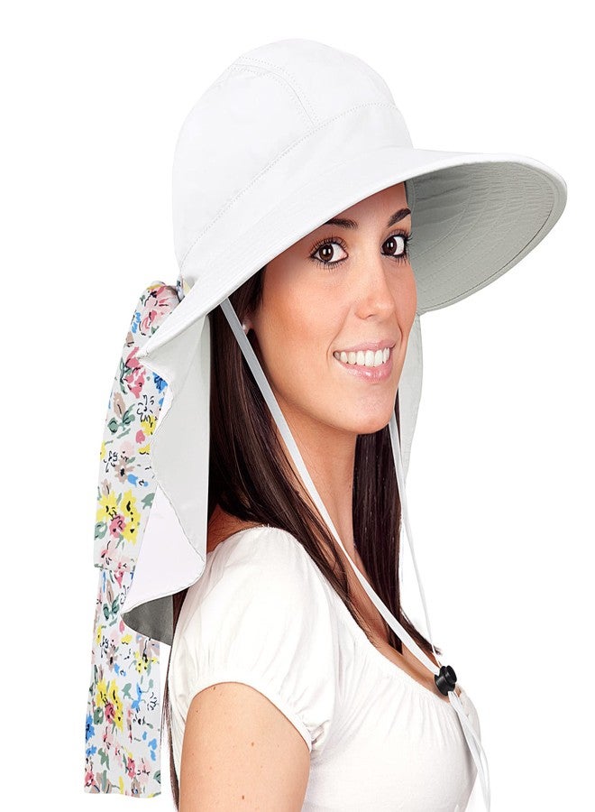 Solaris Women's Sun Hats Neck Flap Large Brim UV Protection Foldable Fishing Hiking Cap White - Image 1