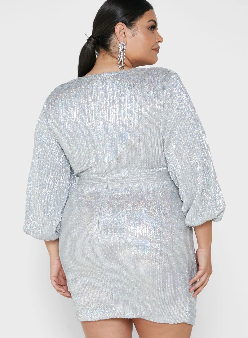 lavish alice Balloon Sleeve Pleated Sequin Dress