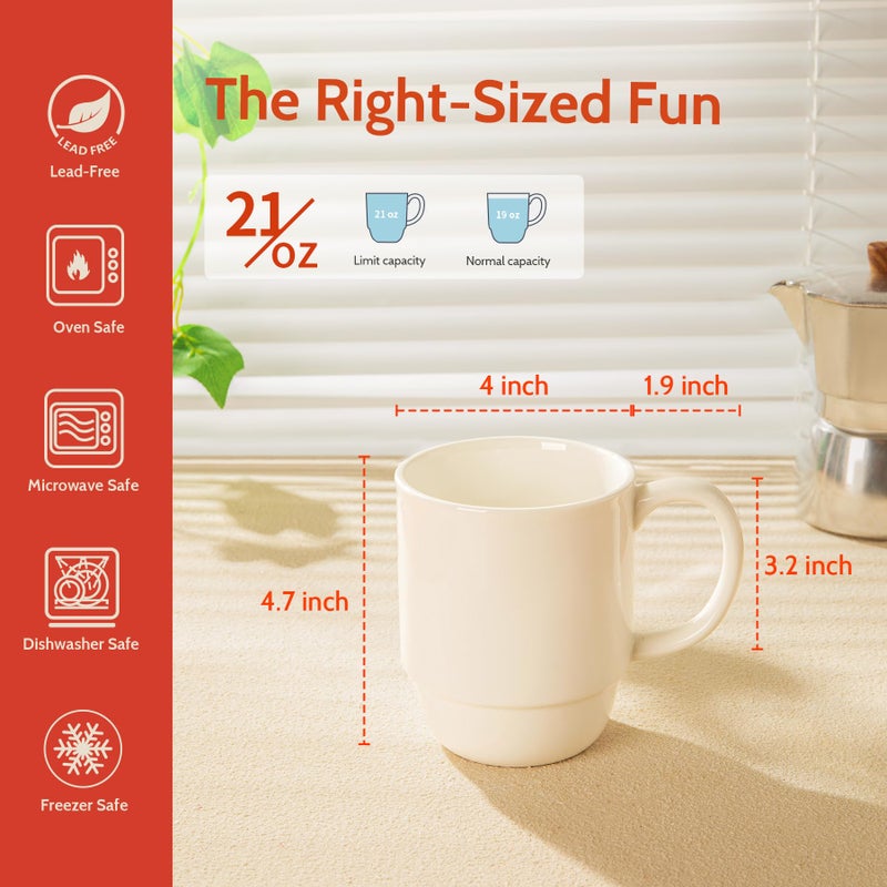 Sweese 21 Oz Large Mug Set, Porcelain Stackable Mugs Sets of 6, Coffee Cups with Handle for Coffee, Tea and Mulled Drinks, White - Image 2