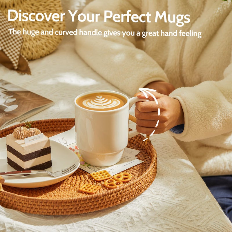 Sweese 21 Oz Large Mug Set, Porcelain Stackable Mugs Sets of 6, Coffee Cups with Handle for Coffee, Tea and Mulled Drinks, White - Image 4