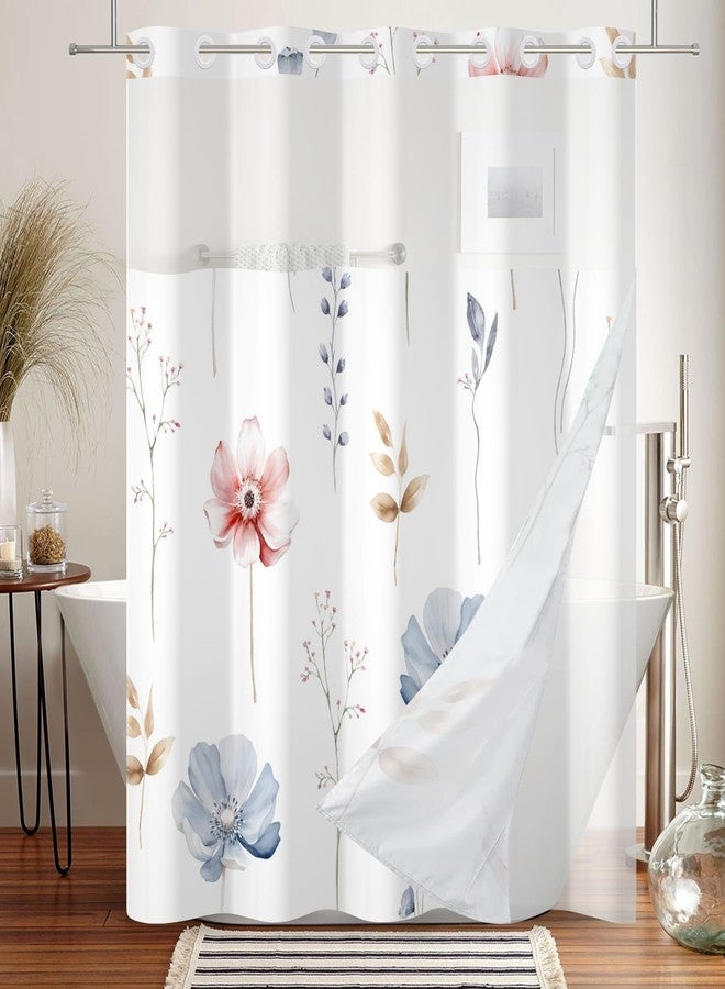DASHAN No Hook Floral Shower Curtain with Snap in Liner, Watercolor Blue Pink Flowers Shower Curtains for Bathroom, Decorative Botanical Cloth Bathroom Curtain Hotel Fabric Bath Curtains 71"x74" - Image 2