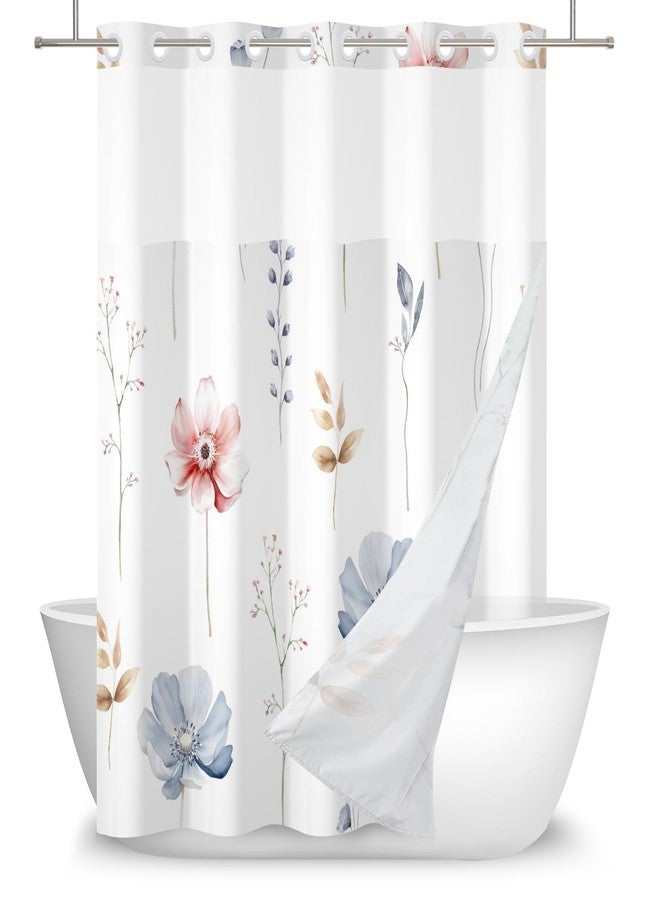 DASHAN No Hook Floral Shower Curtain with Snap in Liner, Watercolor Blue Pink Flowers Shower Curtains for Bathroom, Decorative Botanical Cloth Bathroom Curtain Hotel Fabric Bath Curtains 71"x74" - Image 4