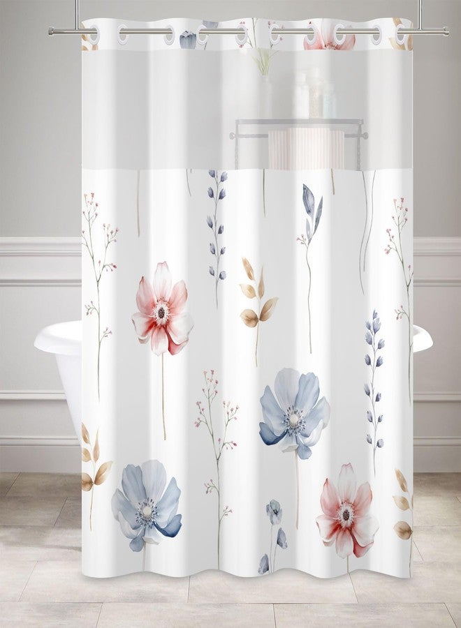 DASHAN No Hook Floral Shower Curtain with Snap in Liner, Watercolor Blue Pink Flowers Shower Curtains for Bathroom, Decorative Botanical Cloth Bathroom Curtain Hotel Fabric Bath Curtains 71"x74" - Image 3
