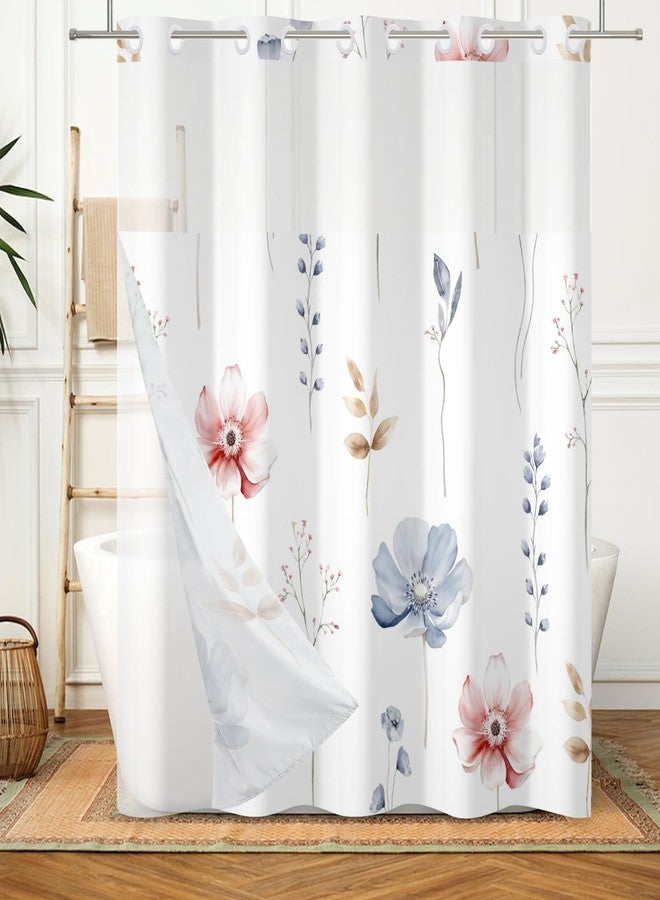 DASHAN No Hook Floral Shower Curtain with Snap in Liner, Watercolor Blue Pink Flowers Shower Curtains for Bathroom, Decorative Botanical Cloth Bathroom Curtain Hotel Fabric Bath Curtains 71"x74" - Image 1