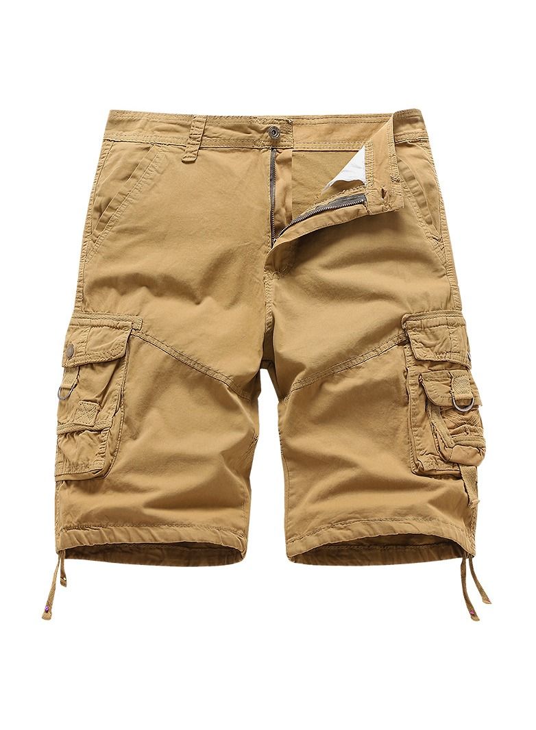 Loquat Men's New Pure Cotton Shorts Capris Loose Multi Pocket Work Shorts Khaki  - Image 1