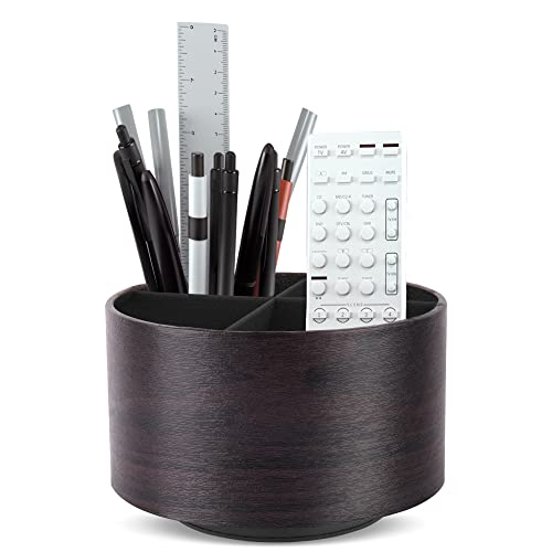 Hennaja Round Leather Art Supply Organizer,Remote Control Holder,360 Degree Spinning,Multi-Functional Pencil Holder,4 Compartments Desktop Stationary Organizer(1-Dark Brown2) - Image 1