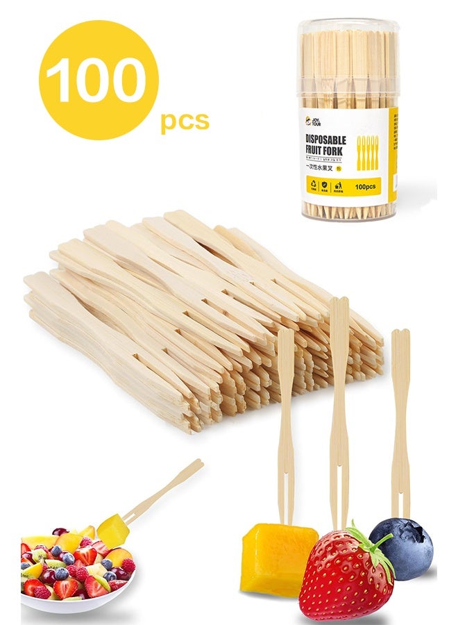 100 Bamboo Appetizer Forks, 3.5 Inch Mini Bamboo Forks for Charcuterie Boards Accessories, Fancy Toothpicks for Appetizers, Disposable Wooden Cocktail Fork, Small Fruit Food Picks for Party Supplies - Image 1