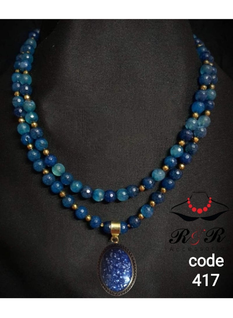 R&R Two-layer women's necklace of natural agate. Pendant of copper and turquoise - Image 2