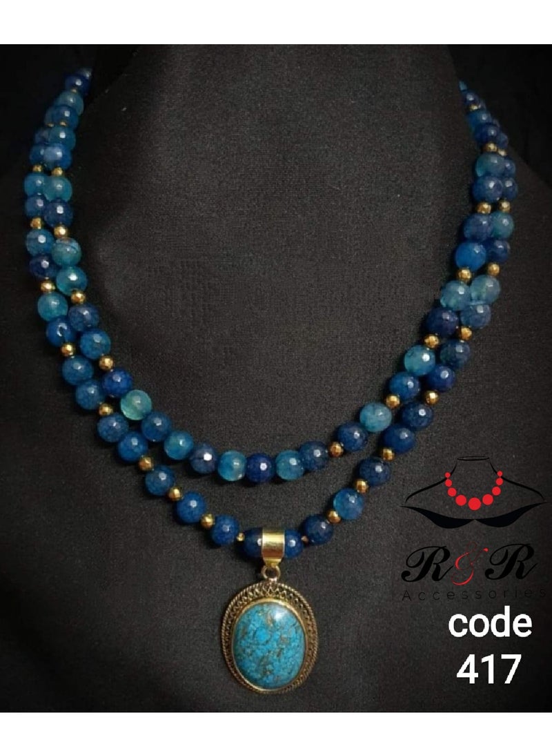 R&R Two-layer women's necklace of natural agate. Pendant of copper and turquoise - Image 1
