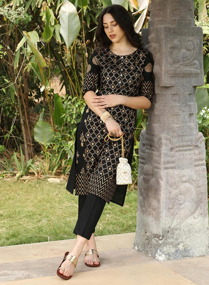 QISSA Women's Midnight Black Geometric Ethnic Print Kurta With Midnight Black Trousers Set