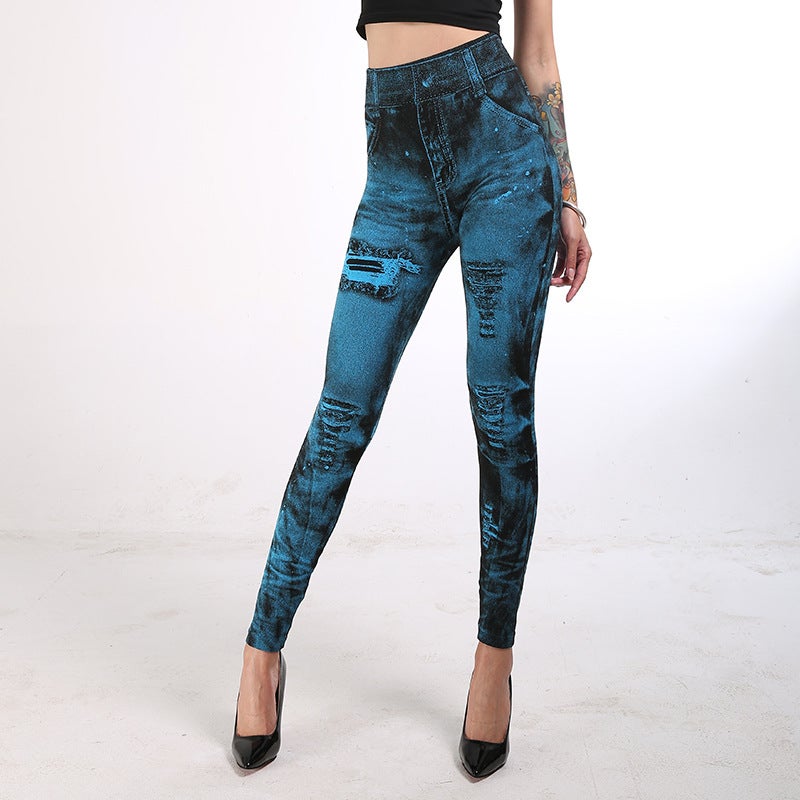New Imitation Denim Leggings Women'S Explosions Multicolor Hip Cropped Pants - Image 1