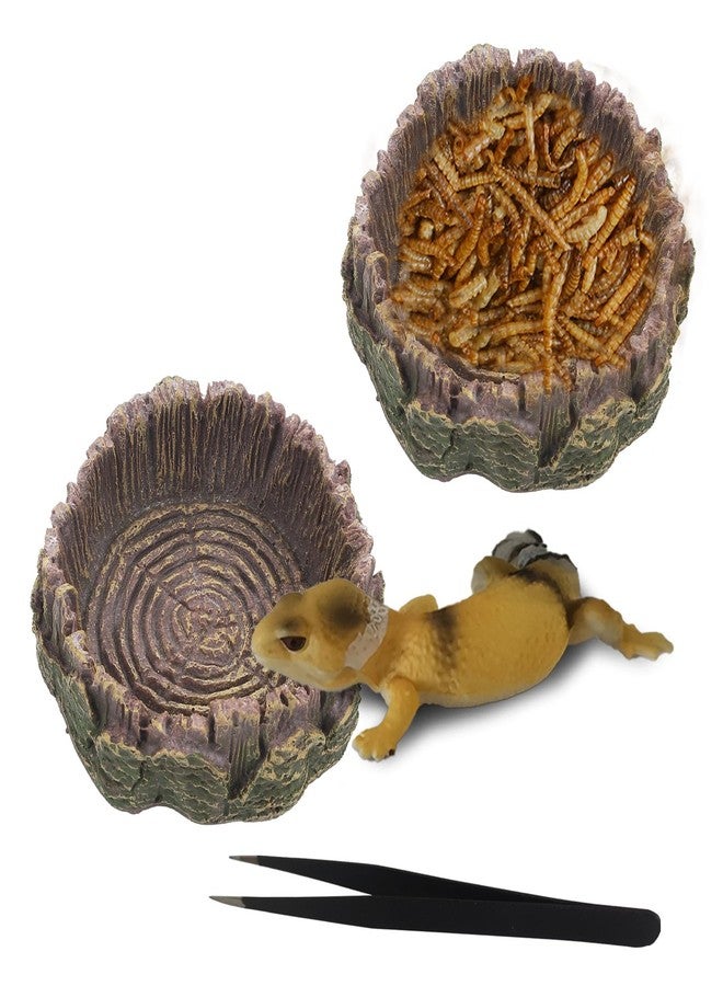 IBWell 2pcs Reptile Water Bowl with Feeding Tweezers - Food Dish for Lizard, Snake, Tortoise & Small Animals - Gray Tree Stump - Image 1