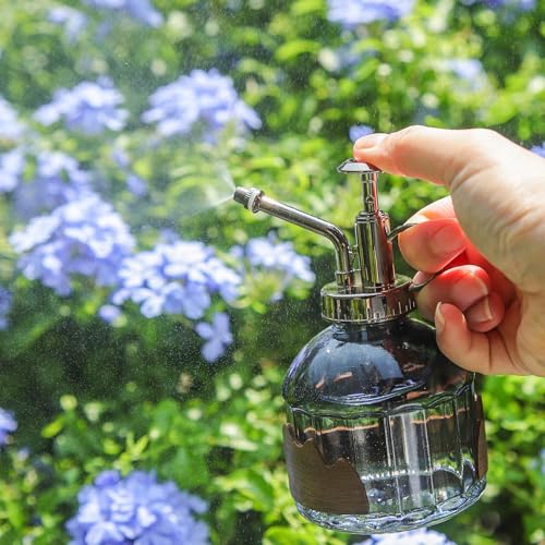 OFFIDIX Glass Plant Mister, 6.3 Inches Tall Vintage Style Spritzer Bronze Plastic Top Pump One Hand Watering Can Indoor Plant Spray Bottle for Garden, Plants, Cleaning (Distant Hill) - Image 4