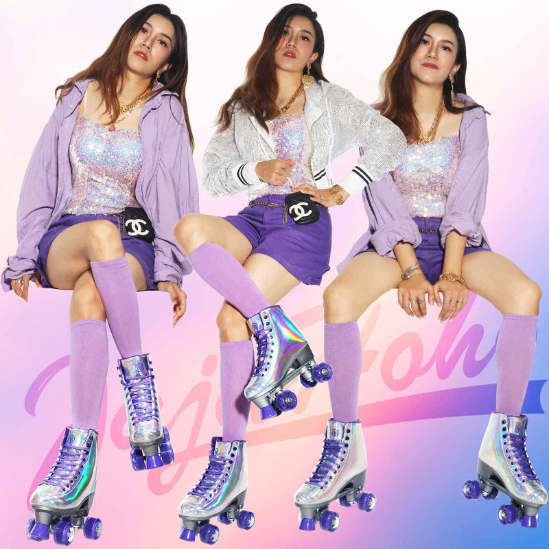 JajaHoho Roller Skates for Women, Holographic High Top Classic Rollerskates, Shiny Double-Row Glitter Four Wheels Quad Skates for Girls, Age 3-50, Indoor &Outdoor (Size 8, Silver Purple) - Image 4