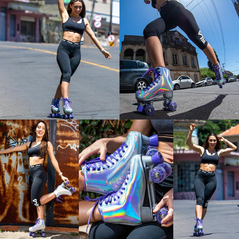JajaHoho Roller Skates for Women, Holographic High Top Classic Rollerskates, Shiny Double-Row Glitter Four Wheels Quad Skates for Girls, Age 3-50, Indoor &Outdoor (Size 8, Silver Purple) - Image 5