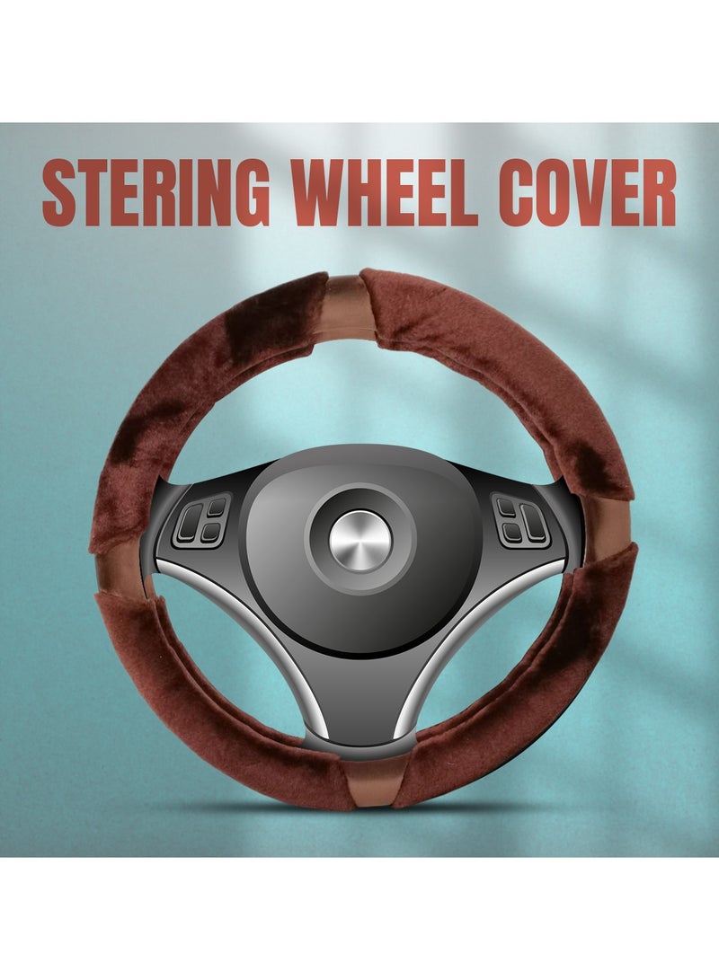 Agc Fluffy Steering Wheel Cover Smooth Fur Premium Car Steering Cover Size Medium 38cm Brown - Image 1