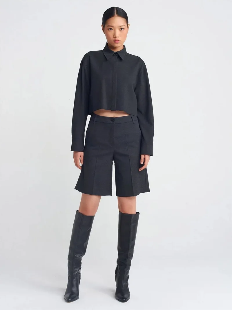 ديلفين DILVIN Women's Cropped Loose-Fit Button Shirt