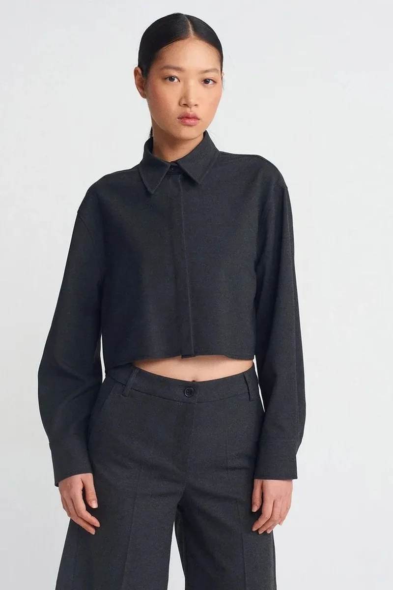 Dilvin Charcoal Grey DILVIN Women's Cropped Loose-Fit Button Shirt for Women | Best Price UAE