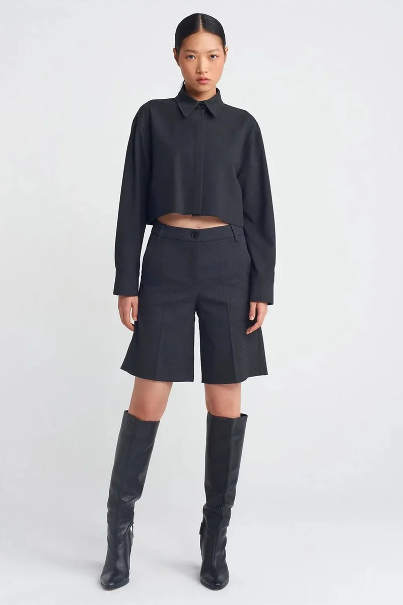 Dilvin DILVIN Women's Cropped Loose-Fit Button Shirt