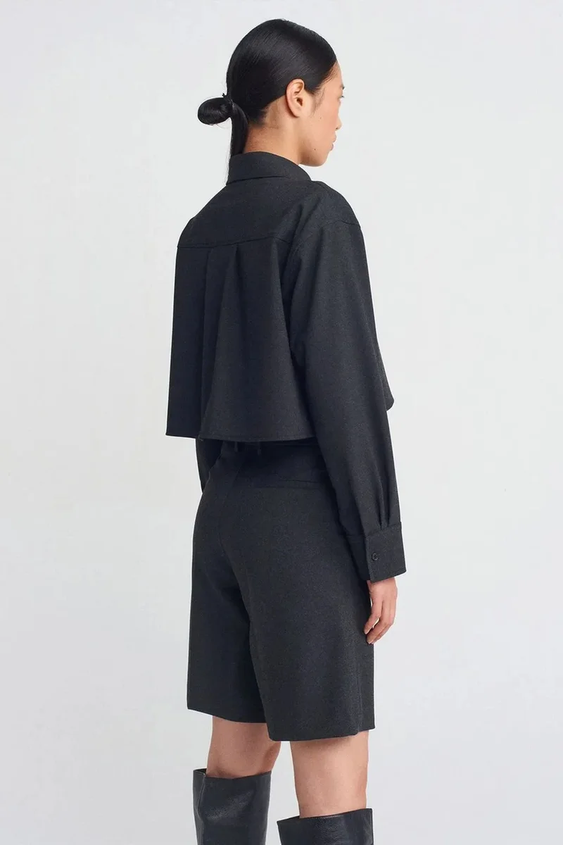 Dilvin DILVIN Women's Cropped Loose-Fit Button Shirt