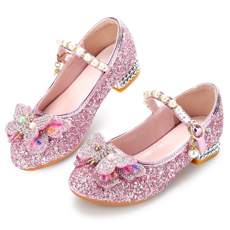 Qimaoo Girls Dress Shoes Mary Jane Princess Shoes Girls' Flats Glitter Low Heels Flower Wedding Party Footwear - 7 Toddler (738 Pink) - Image 1