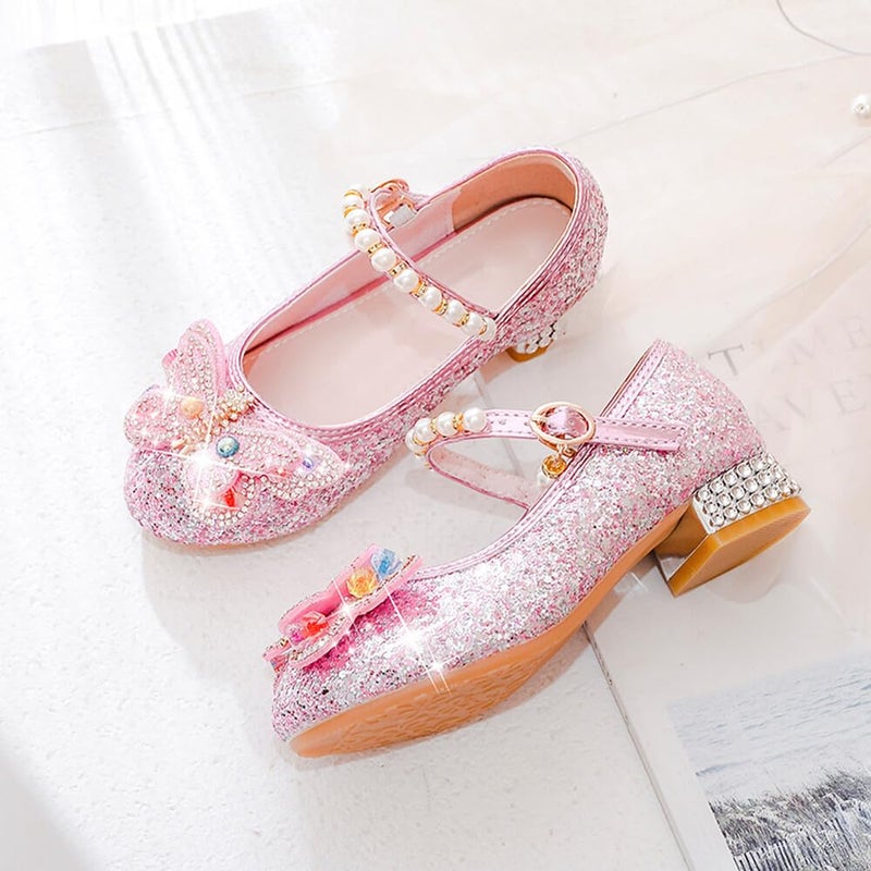 Qimaoo Girls Dress Shoes Mary Jane Princess Shoes Girls' Flats Glitter Low Heels Flower Wedding Party Footwear - 7 Toddler (738 Pink) - Image 3