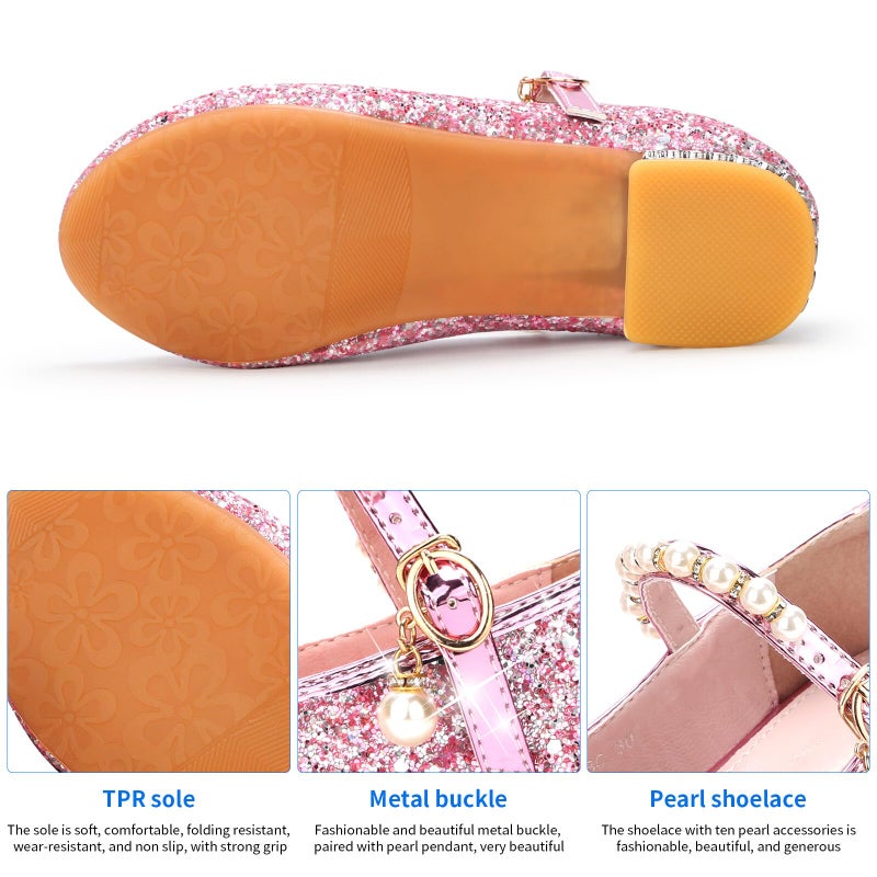 Qimaoo Girls Dress Shoes Mary Jane Princess Shoes Girls' Flats Glitter Low Heels Flower Wedding Party Footwear - 7 Toddler (738 Pink) - Image 5