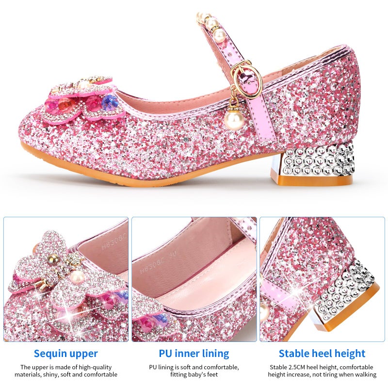 Qimaoo Girls Dress Shoes Mary Jane Princess Shoes Girls' Flats Glitter Low Heels Flower Wedding Party Footwear - 7 Toddler (738 Pink) - Image 4