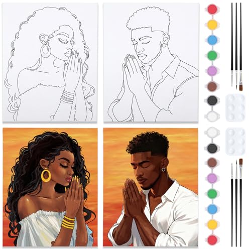 Nuberlic 2 Pack Prayer Man and Woman Pre Drawn Canvas Paint Kits for Adults Couple Sip and Paint Date Night Game Party Flavor Valentines Day Gift Painting Supplies - Image 1