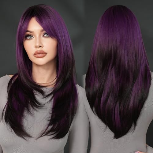 7JHH WIGS Long Dark Purple Ombre Wig with Bangs for Women Heat Resistant Fiber 25 Inch Layered Synthetic Hair Wigs with Dark Roots for Daily Use - Image 1