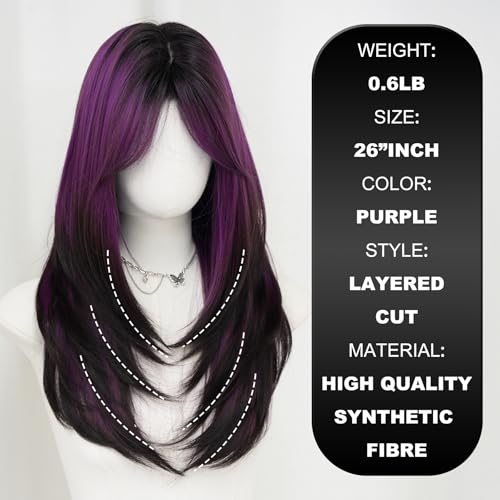 7JHH WIGS Long Dark Purple Ombre Wig with Bangs for Women Heat Resistant Fiber 25 Inch Layered Synthetic Hair Wigs with Dark Roots for Daily Use - Image 3