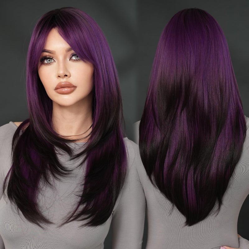 7JHH WIGS Long Dark Purple Ombre Wig with Bangs for Women Heat Resistant Fiber 25 Inch Layered Synthetic Hair Wigs with Dark Roots for Daily Use - Image 2
