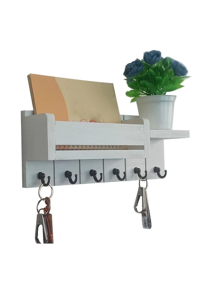 1pc White Rustic Wooden Wall Mounted Key Holder With Mail Organizer And Display Tray - Image 1