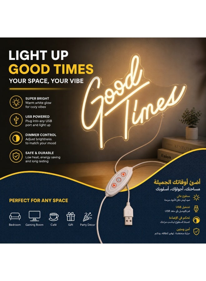 لوحة نيون "Good Times" LED تعمل بمنفذ USB مع التحكم بالسطوع - إضاءة بيضاء دافئة لديكور غرف النوم والحفلات، هدية مميزة - Image 5