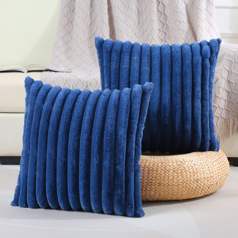 FUTEI Navy Blue Striped Decorative Throw Pillow Covers 18x18 Inch Set of 2Square Spring Decorations Couch Pillow CaseSoft Cozy Faux Rabbit Fur  Velvet BackModern Home Decor for Bed