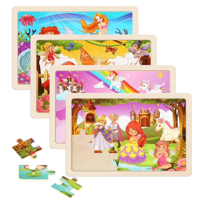 NASHRIO Wooden Puzzles Toys for Kids Ages 3-5, Set of 4 Packs with 20-Piece Unicorn Mermaid Princess Wood Jigsaw Puzzles, Preschool Educational Brain Teaser Toys for Girls 3 4 5 6 Years Old. - Image 1