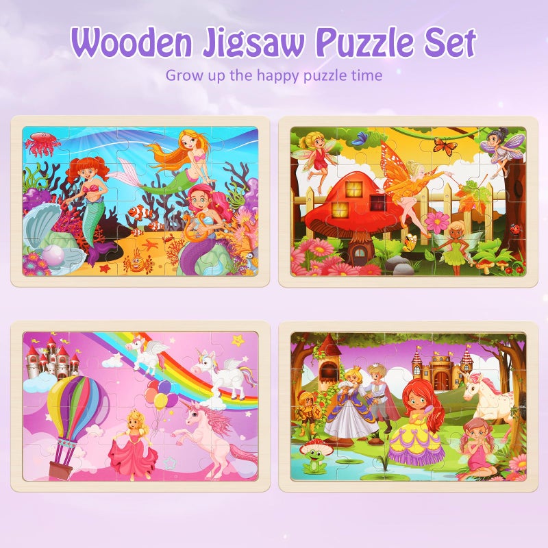 NASHRIO Wooden Puzzles Toys for Kids Ages 3-5, Set of 4 Packs with 20-Piece Unicorn Mermaid Princess Wood Jigsaw Puzzles, Preschool Educational Brain Teaser Toys for Girls 3 4 5 6 Years Old. - Image 2