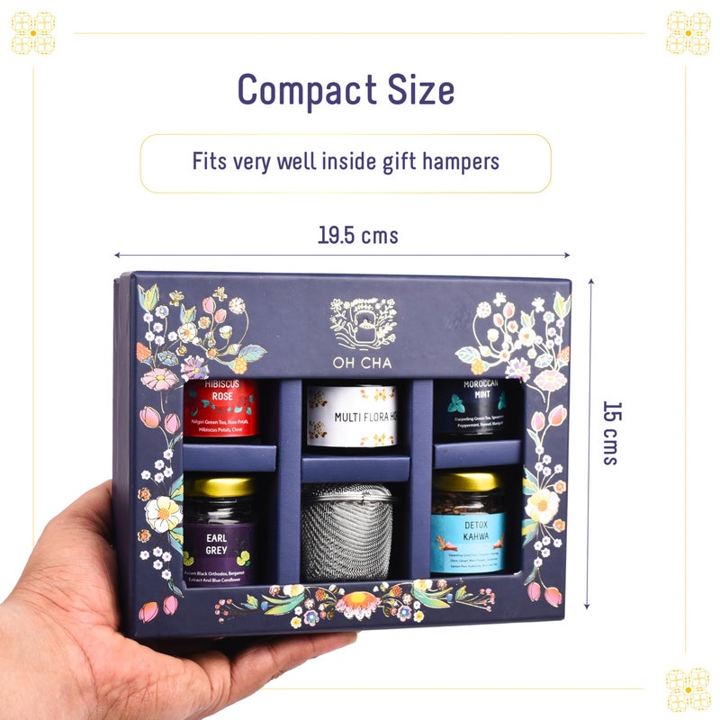 OH CHA - صندوق هدايا الشاي | مجموعة هدايا شاي متنوعة مع مصفاة وعسل متعدد الأزهار | 4 نكهات شاي رائعة | هدية للجميع، هدية زفاف، هدية ذكرى | سلة هدايا ديوالي، صندوق احتفالي - Image 5