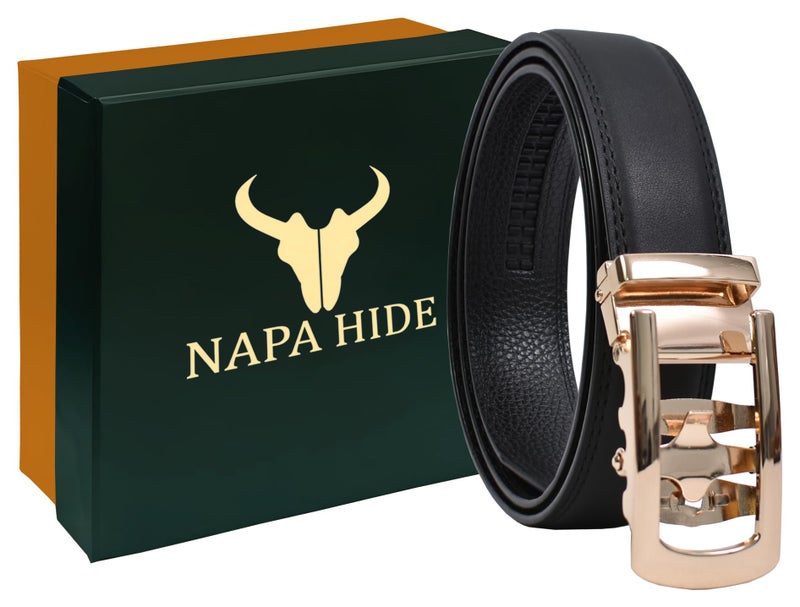 NAPA HIDE Men's Genuine Leather Belt for Men| Premium Auto-Lock Buckle | Adjustable up to 48” | Formal & Casual Wear | Micro-Adjust Fit | Stylish Gift Box Included (JET BLACK1) - Image 5