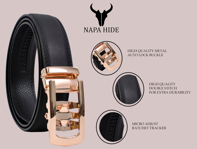 NAPA HIDE Men's Genuine Leather Belt for Men| Premium Auto-Lock Buckle | Adjustable up to 48” | Formal & Casual Wear | Micro-Adjust Fit | Stylish Gift Box Included (JET BLACK1) - Image 3