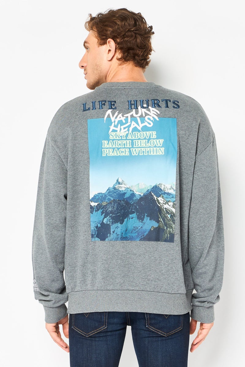 Selected Homme Men Crew Neck Graphic Print Sweatshirt, Grey - Image 3