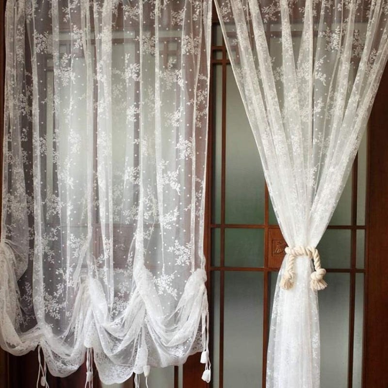 ABREEZE Elegant White Lace Embroidered Sheer Ballon Curtains, Adjustable Tie-Up Curtain, 1 Panel Floral Tulle Curtains for Windows-78''X 78'' - Image 3