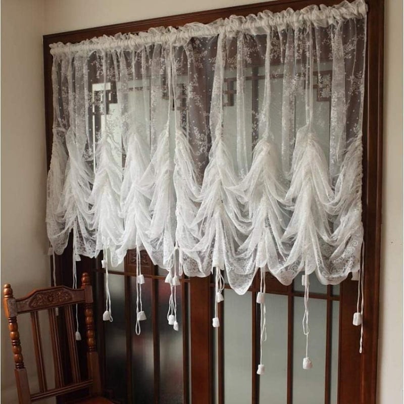 ABREEZE Elegant White Lace Embroidered Sheer Ballon Curtains, Adjustable Tie-Up Curtain, 1 Panel Floral Tulle Curtains for Windows-78''X 78'' - Image 1