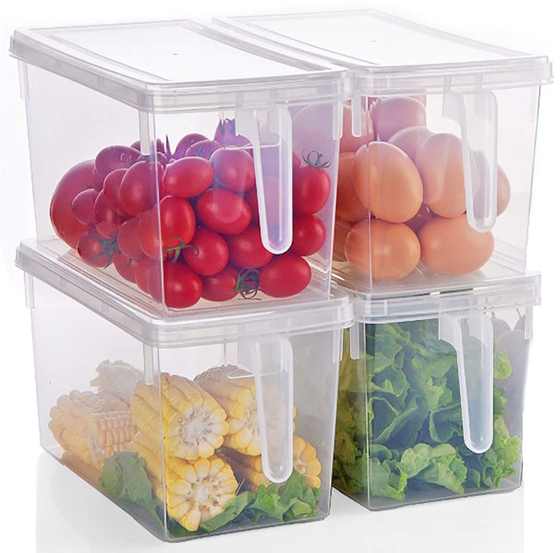 Genaric YESLAND 4 Pack 5.5L Fridge Food Storage Organizer, Stackable Large Plastic Storage Containers with Handle, Square Food Storage Boxes with Lids for Fruits, Vegetables, Meat, Eggs, Pasta
