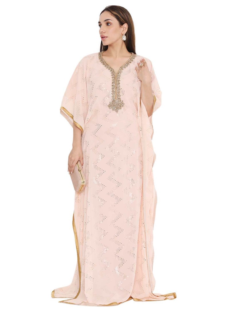 HANA & SARA ELEGANT GOLD STONE HAND BEADING STYLISH SHINY CHIFFON ARABIC KAFTAN JALABIYA DRESS  - Image 1